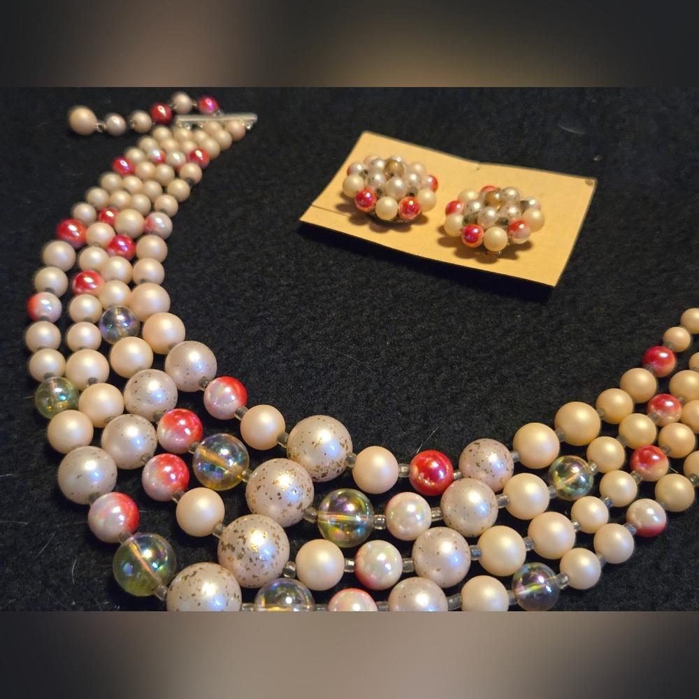Near Mint 1950s Vintage Japan 4 Strand Necklace And Earring Set